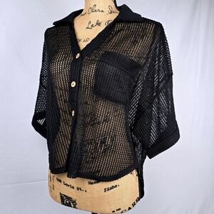 Peach Black Crochet Mesh Button Up Shirt Cover Up Crop Top M